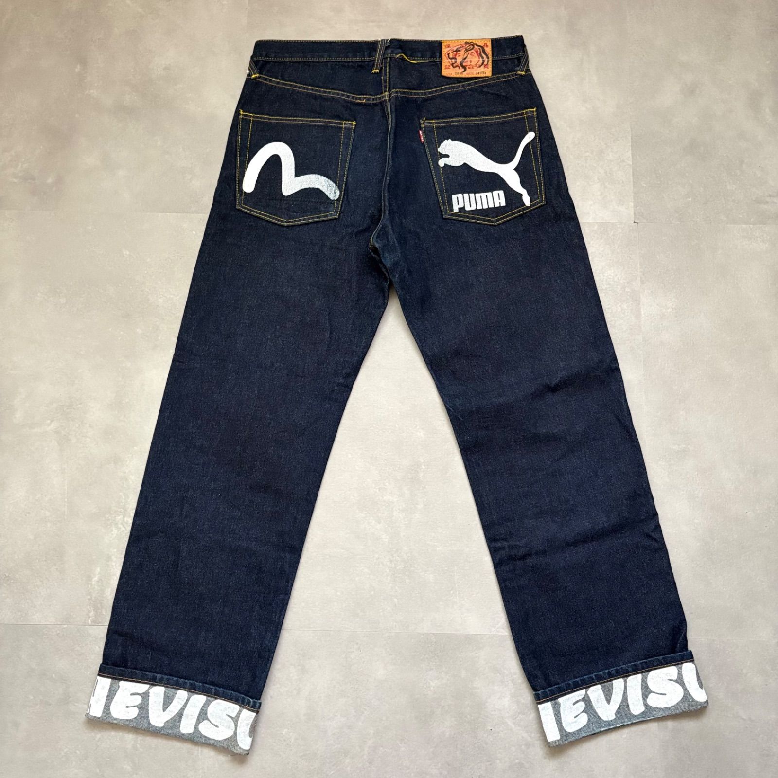 EVISU PUMA コラボ デニム Gパン LOT2006 カモメ 濃紺 W34 エヴィス プーマ ジーンズ ペイント 裾ロゴ 希少 美品