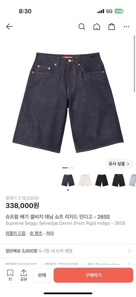 シュプリーム バギー セルビッジ デニム ハーフパンツ Indigo