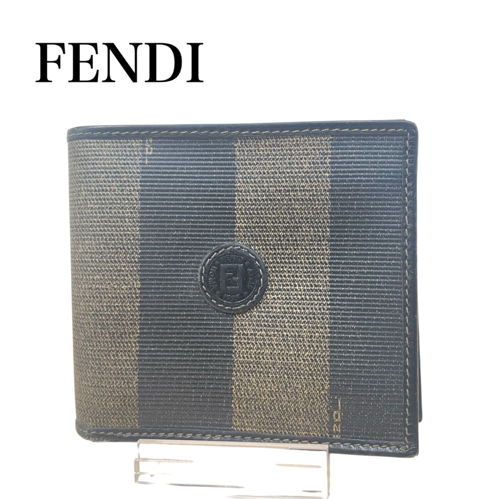 フェンディ FENDI 二つ折り財布 ペカン ブラック×ベージュ PVC×レザー ハイブランド ヴィンテージ メンズ