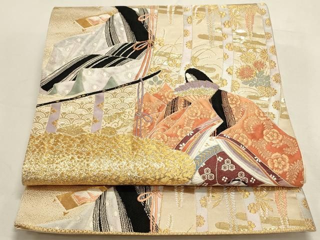 王朝人物文様 豪華袋帯 平安絵巻風 正絹 金糸 フォーマル 和装 着物 リメイク 平和屋着物◎六通柄袋帯 唐織 王朝浪漫 絵巻の便り 金糸 正絹 逸品