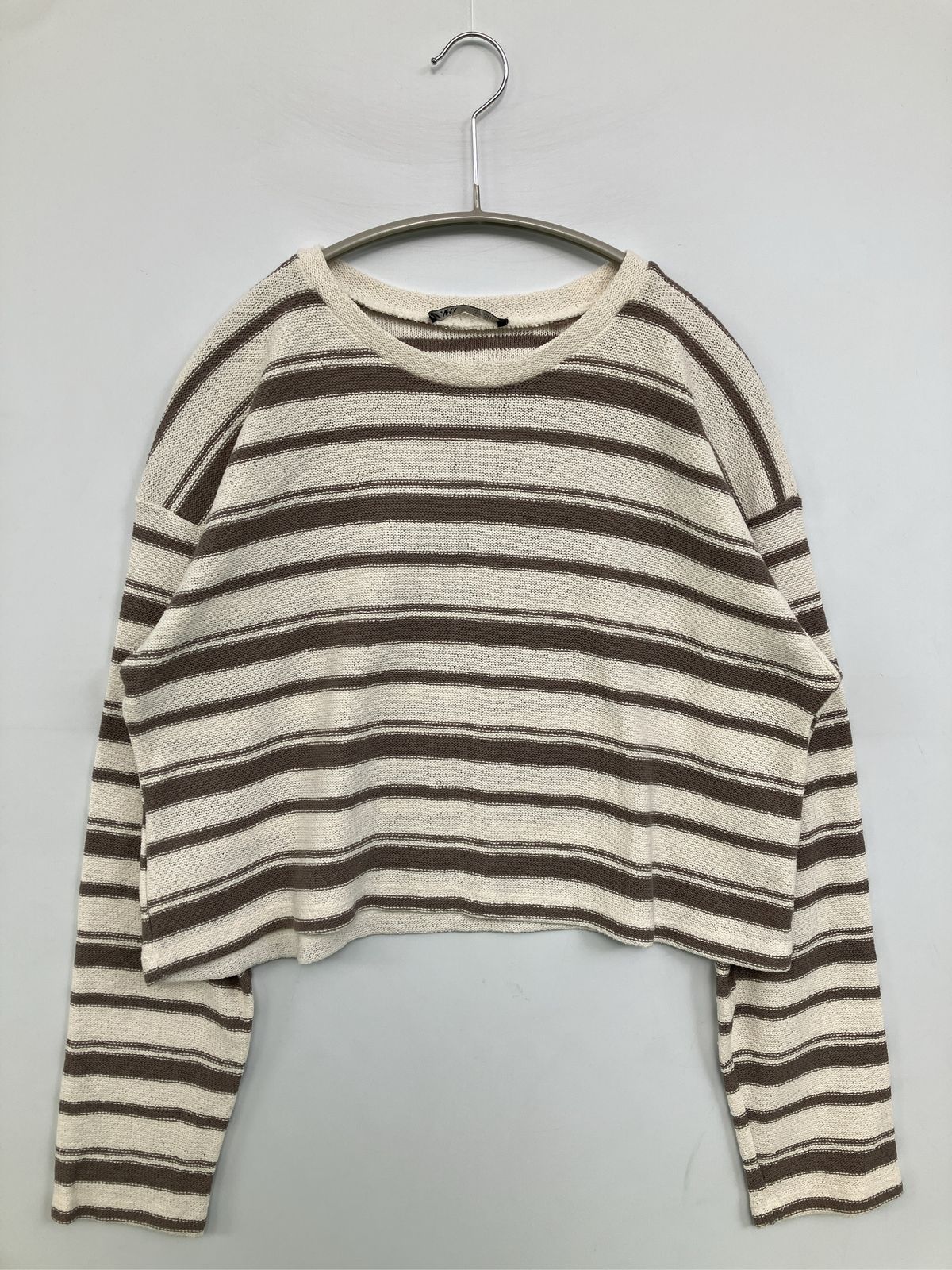 ZARA ザラ ニット/セーター USA M アイボリー コットン ニット ボーダー柄 ショート丈 長袖 クルーネック(丸首) レディース