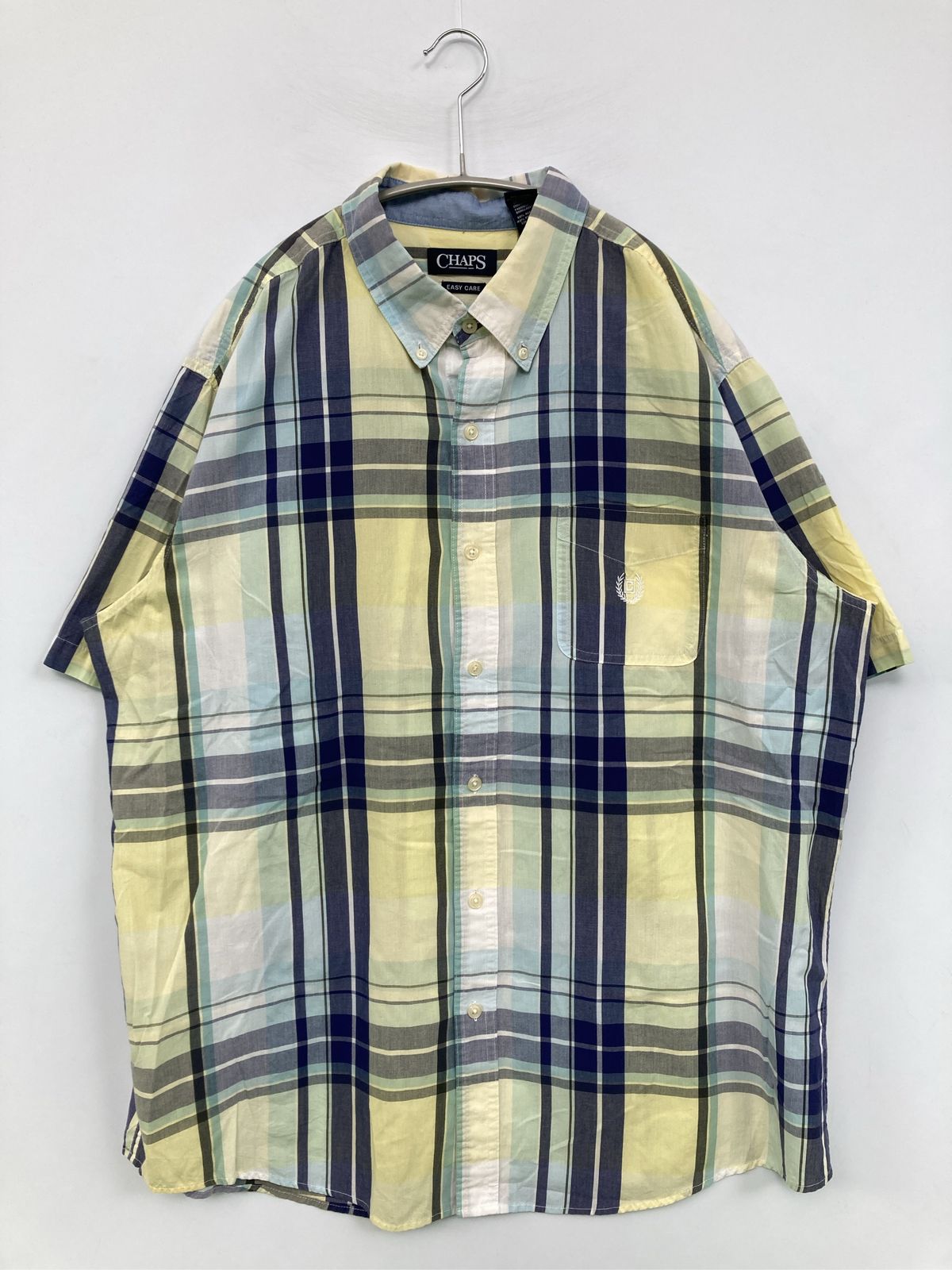 CHAPS チャップス シャツ/ブラウス XL イエロー コットン チェック柄 ワンポイント 刺繍 ミドル丈 半袖 ボタンダウン レギュラーカラー メンズ