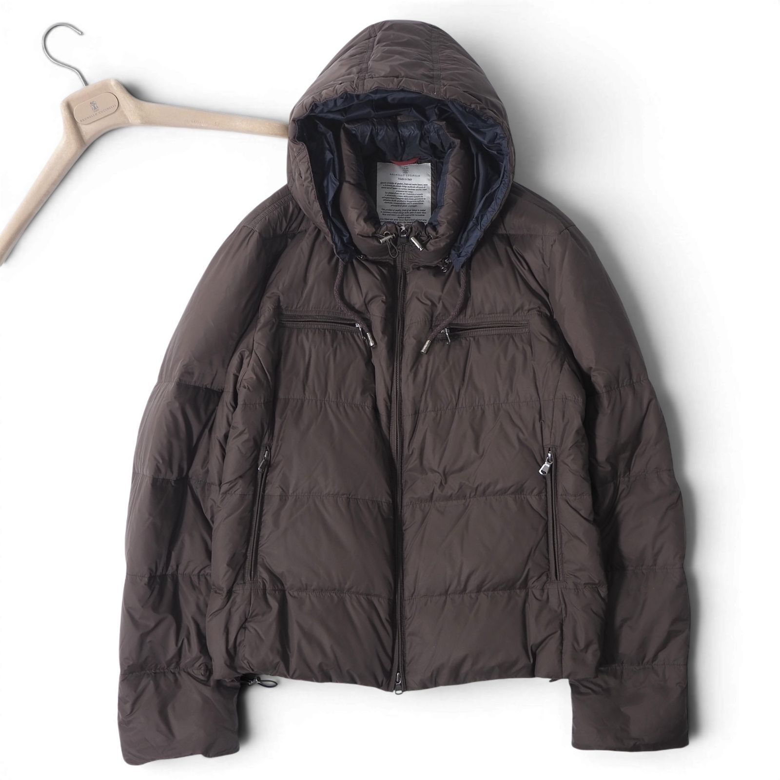 美品 ブルネロクチネリ BRUNELLO CUCINELLI イタリア製 フーデッド ダウンジャケット M ブラウン ハンガー付 メンズ 正規品 6-DE035