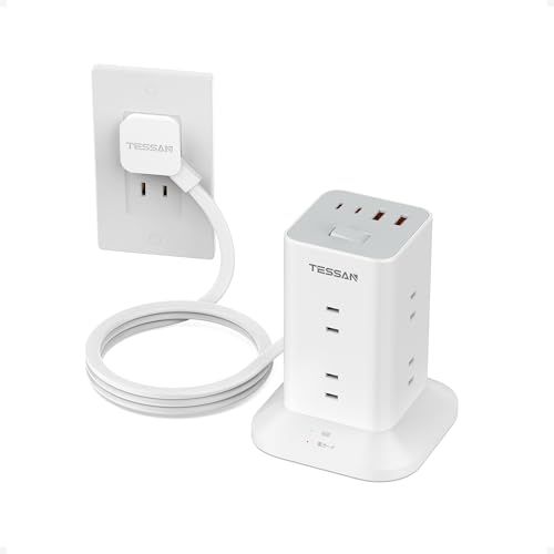 TESSAN 電源タップ タワー型 延長コード 2m 薄型プラグ 8個AC コンセント USBポート4個(Type-A/C) PD20W テーブルタップ たこあしコンセント タコ足配線 マルチ OA 雷ガード 一括スイッチ 省エネ mini型 b38e91a8