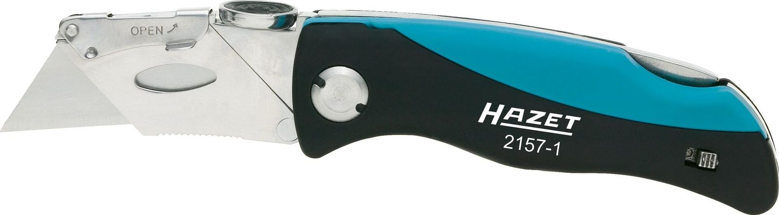 HAZET(ハゼット) 2157-1 カッターナイフ ジャックナイフ ハゼットブルー 替刃5枚付き 折畳式 コンフォートグリップ サムクッション 替刃収納付き 折畳時100mm 展開時160mm 梱包 開梱 ホース切断 DIY 作業工具 プロ 8edb1313