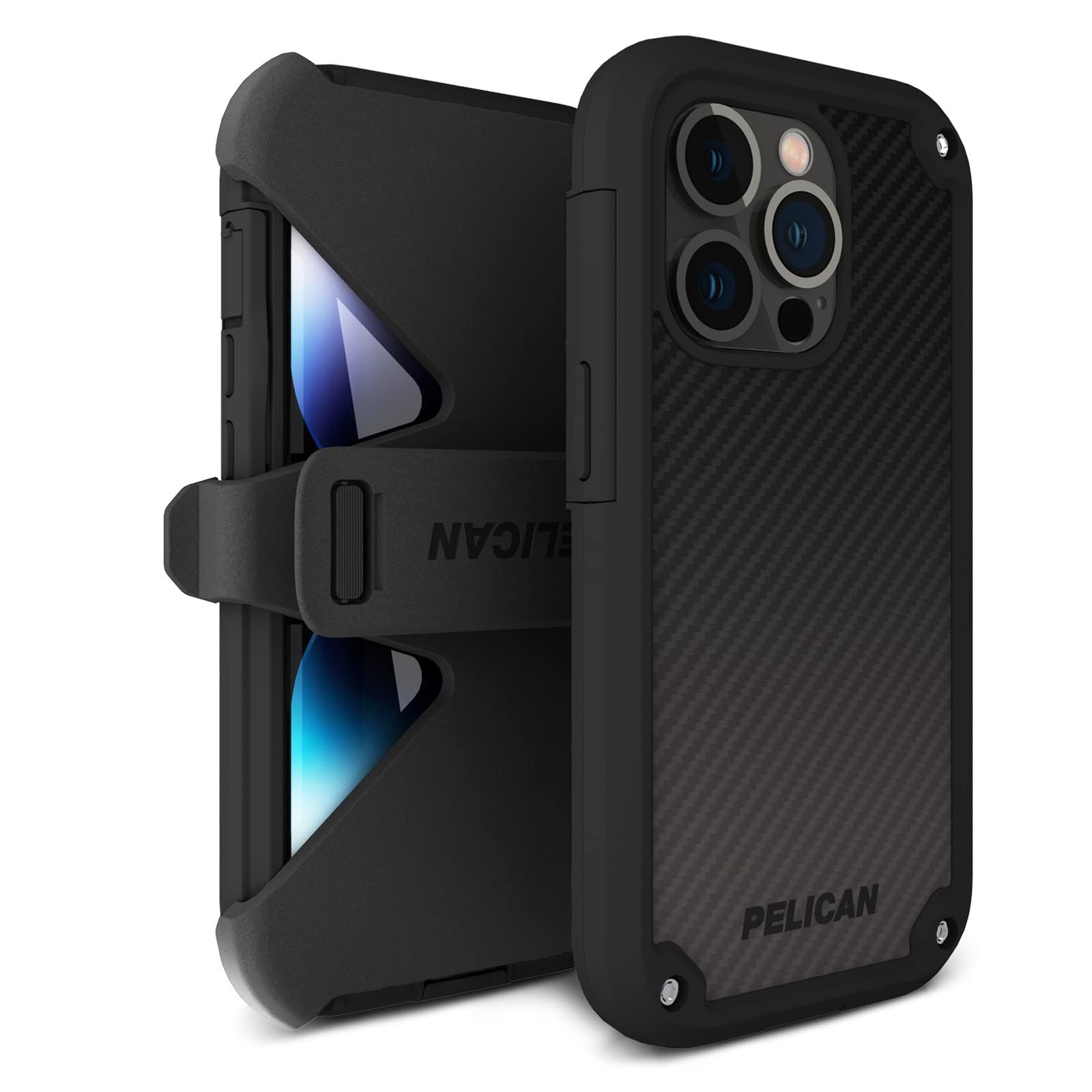 【Pelican】iPhone13Pro 用 ケース〔落下テスト6.4mクリア 米軍MIL規格〕ハードケース 耐衝撃 スタンド付き MIL-SPEC-810G ハイブリッドケース ホルスタースタンド付属 Shield - Black Kevlar PP046