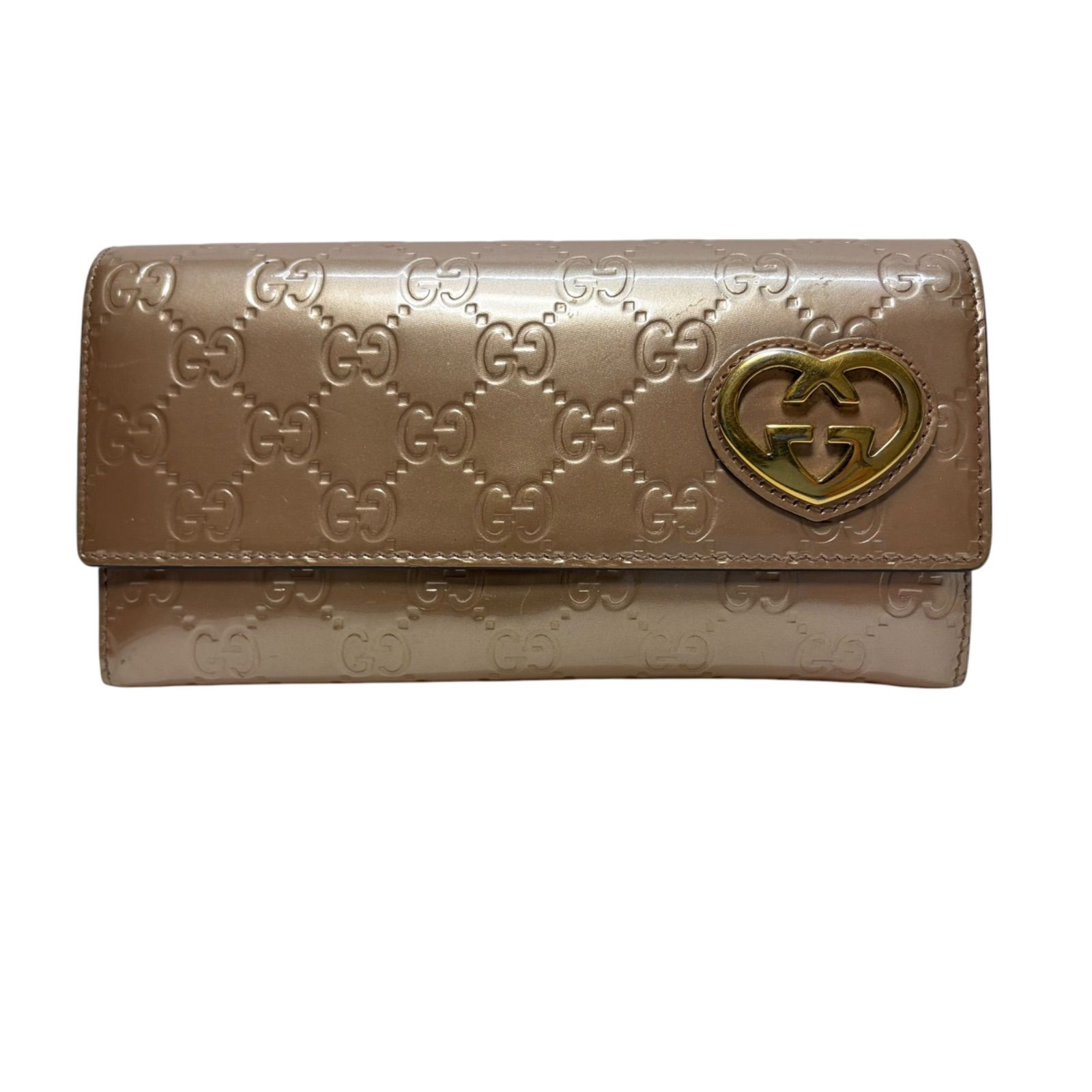 4346 GUCCI グッチ 長財布 GG シマレザー PVC エナメル ピンクベージュ
