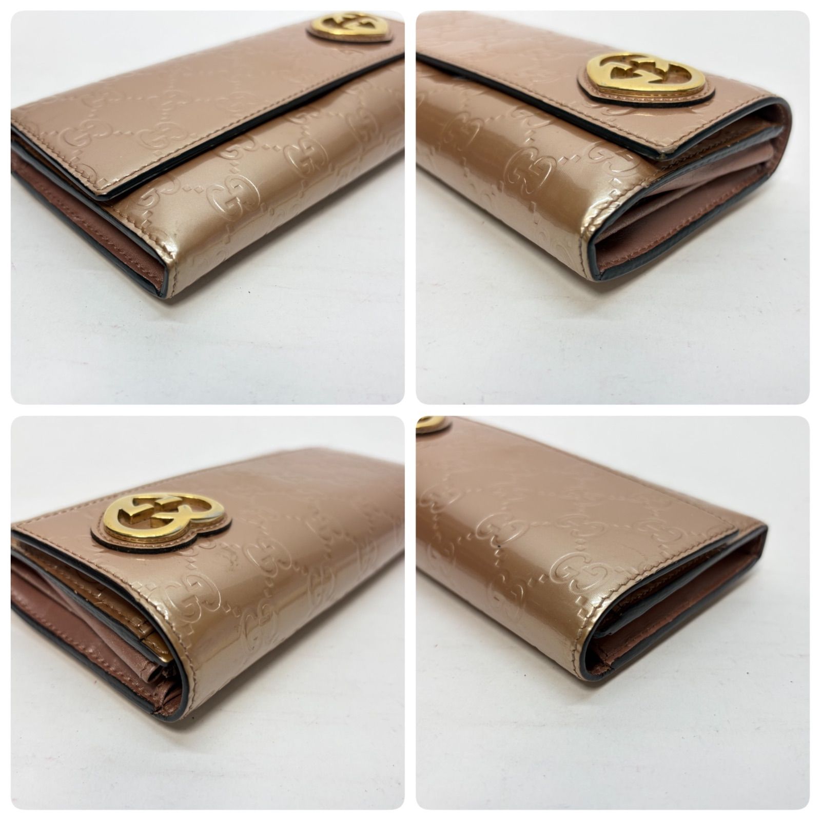 4346 GUCCI グッチ 長財布 GG シマレザー PVC エナメル ピンクベージュ