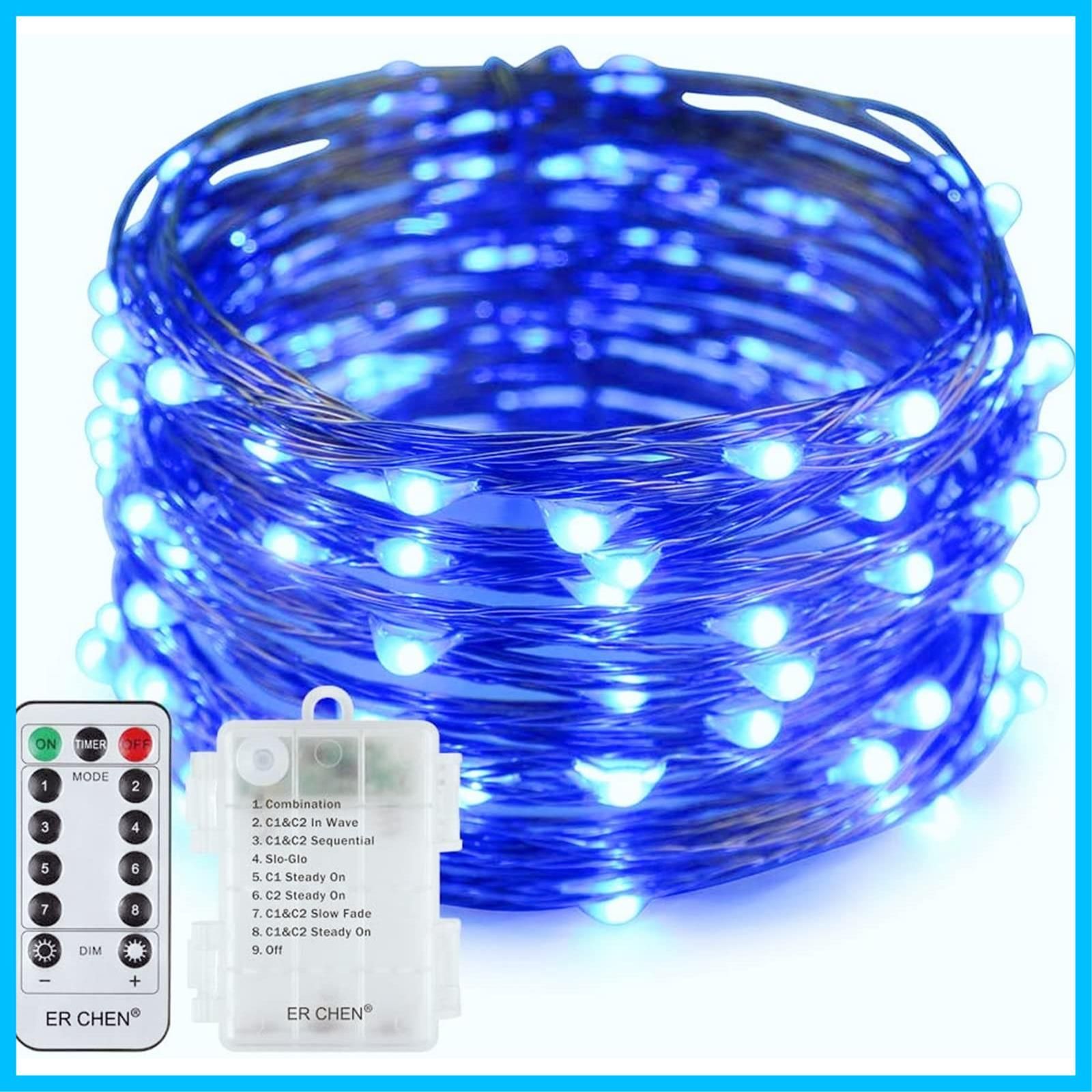 【人気商品】LEDイルミネーションライト ジュエリーライト 100球 10m 電池式 リモコン付 8パターン 点滅 点灯 タイマー機能 防水 防塵仕様 屋外 室内 ガーデンライト 正月 クリスマス 飾り ストリングライト (ブルー)