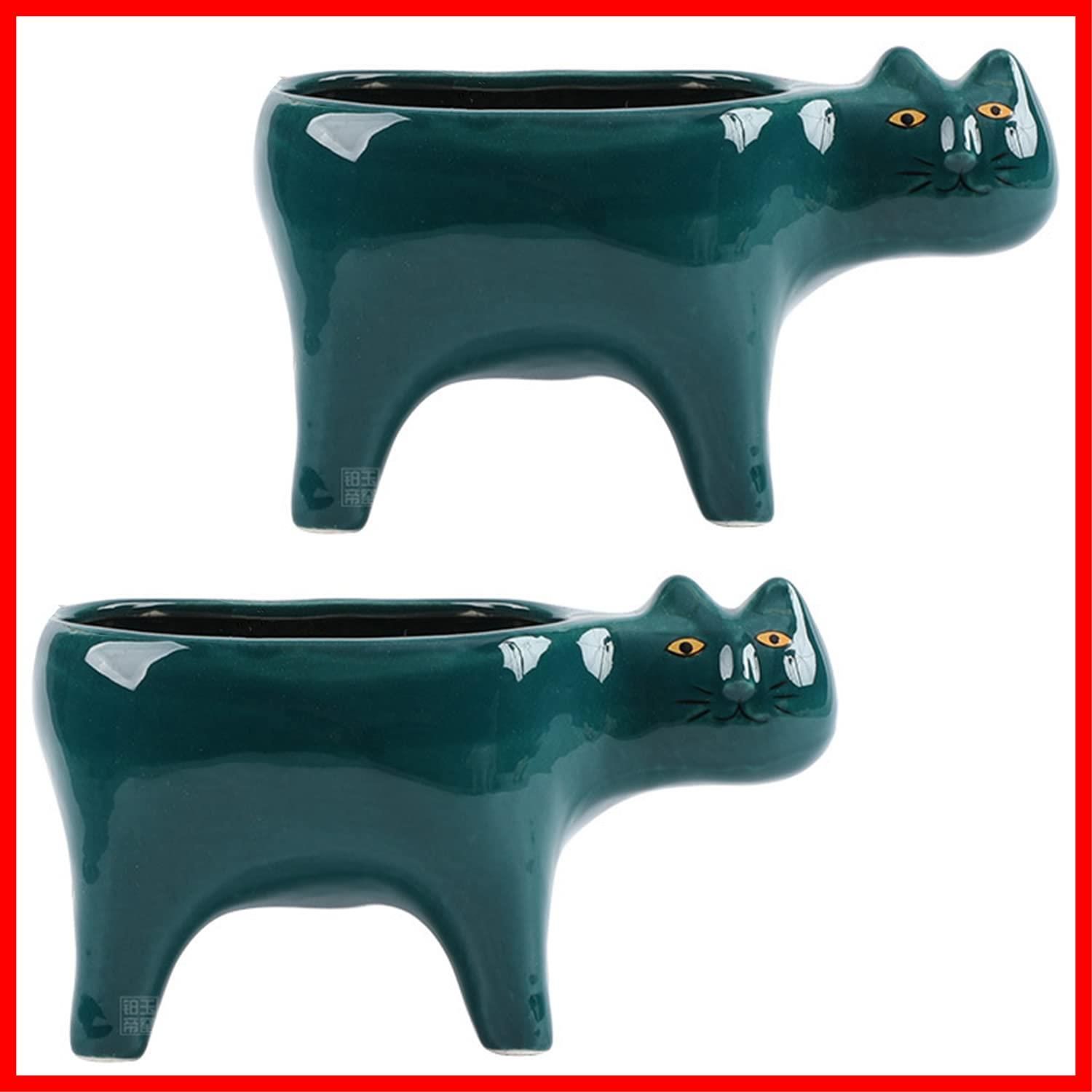 【特価セール】インテリア 多肉植物 鉢 植木 (緑2個) 陶器 ネコ 猫 観葉植物 プランター 植木鉢
