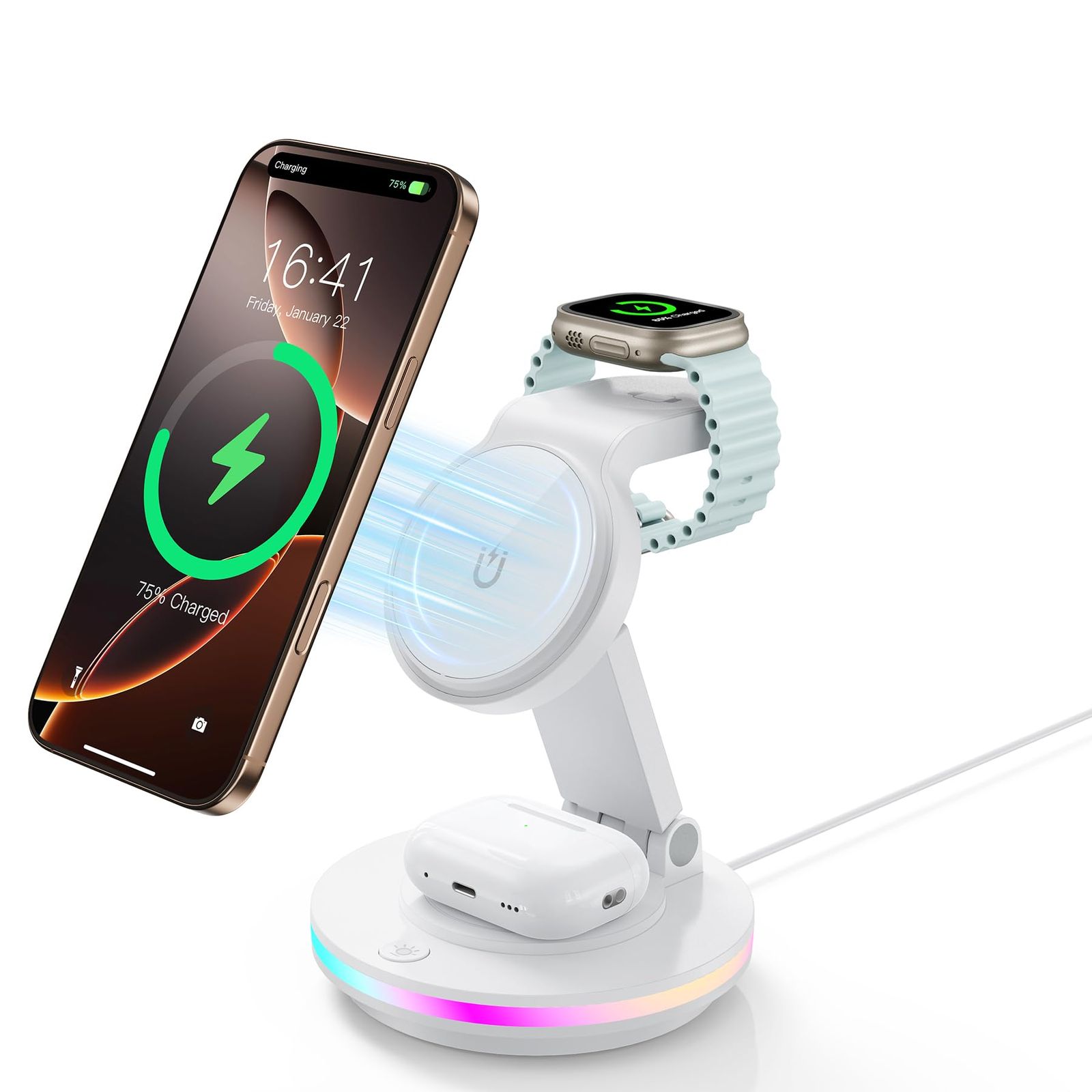 3in1 ワイヤレス充電器 折り畳み式 15W急速充電 I-phone17／16／15／14／13／12 マグセーフ 角度調整可能 雰囲気ライト付き 3台同時充電 iPhone／iWatch／ワイヤレスイヤホンに対応 無線 出張 旅行用（ホワイト） 0