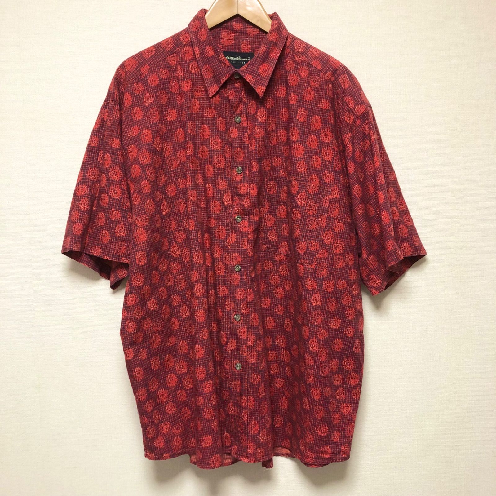 00's Eddie Bauer メンズXL 半袖シャツ リネンコットンシャツ 総柄 柄シャツ 花柄 麻 綿 カジュアル アメカジ ヴィンテージ 古着