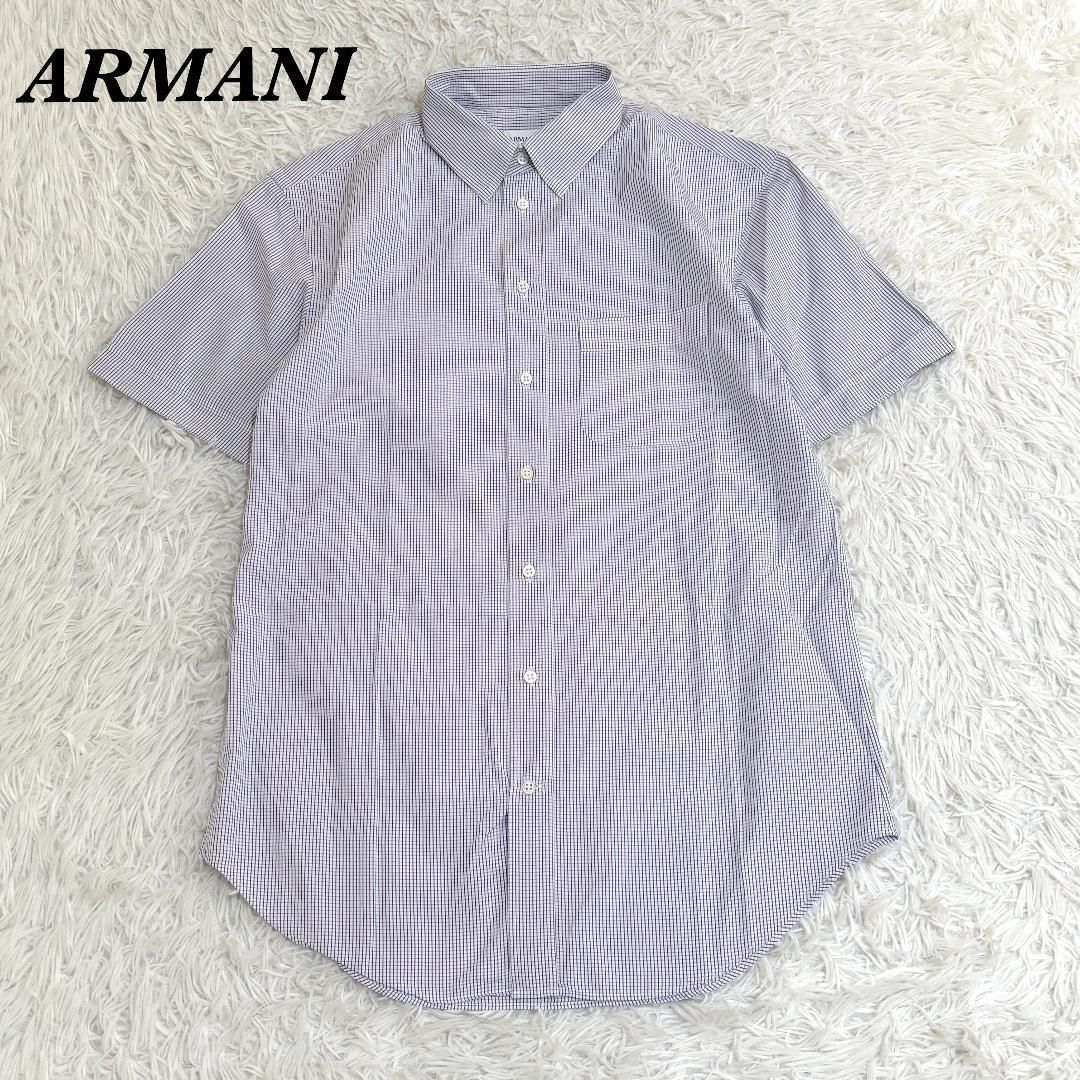美品　アルマーニ コレツィオーニ 40 半袖ドレスシャツ パープル チェック