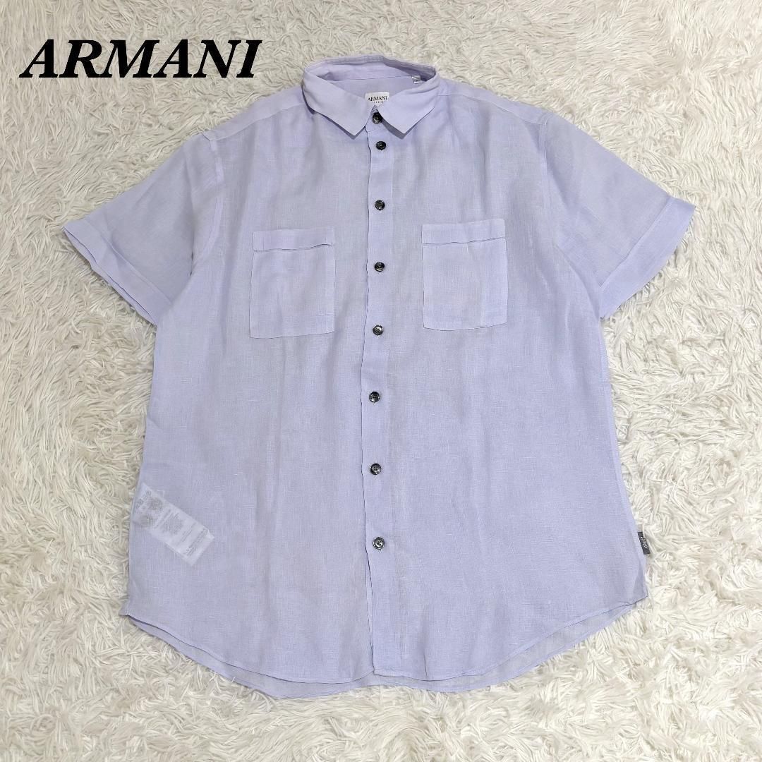 美品ARMANI COLLEZIONI 麻100％半袖ビジネスシャツ パープル
