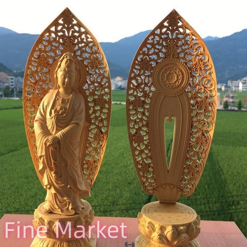 仏像 オブジェ 置物 蓮観音 ツゲの木 木彫り 彫刻 開運 幸運 財運 金運 安産祈願 無病息災 子宝 健康運 インテリア リビング 玄関