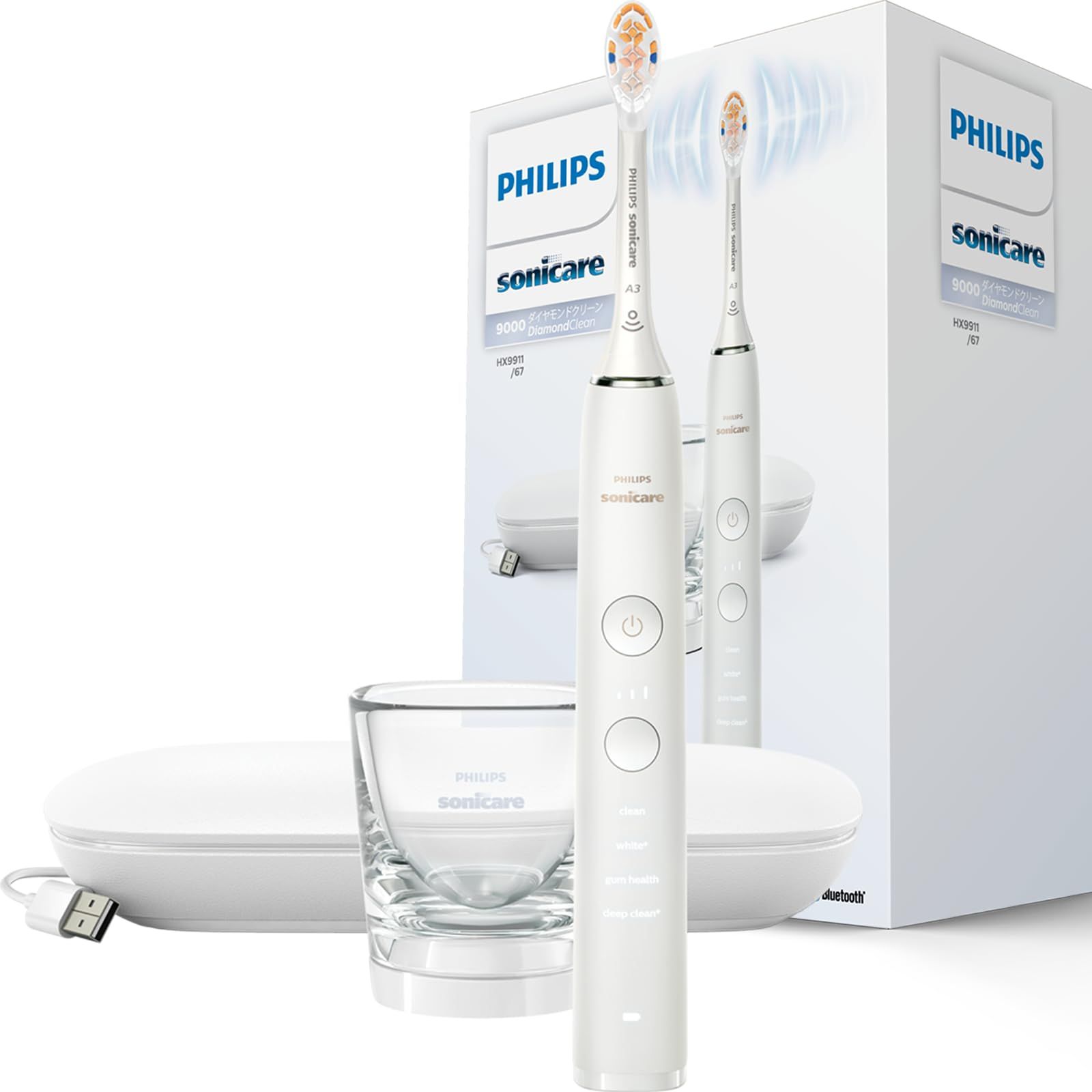 フィリップス 電動歯ブラシ ソニッケアー ダイヤモンドクリーン9000 (携帯用トラベルケース/充電器用グラス付き) HX9911/67 ホワイト [USB充電トラベルケース付]