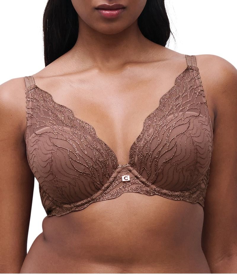 シャントル レディース アンダーウェア ブラジャー メッシュ Tシャツ Chantelle Vibe Embroidery Lurex Mesh Plunge TShirt Bra Cinnamon Lurex
