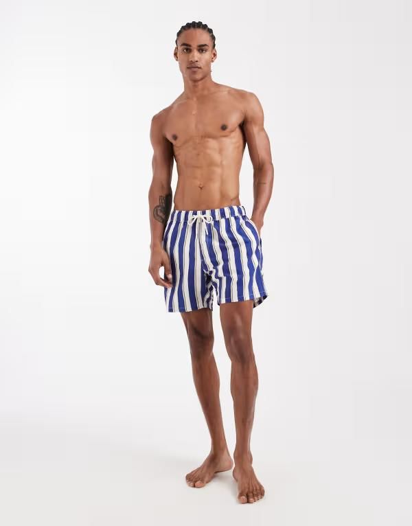 エイソス メンズ 水着 ハーフパンツ・ショーツ ショートパンツ ASOS DESIGN swim shorts in mid length stripe BLUE ブルー