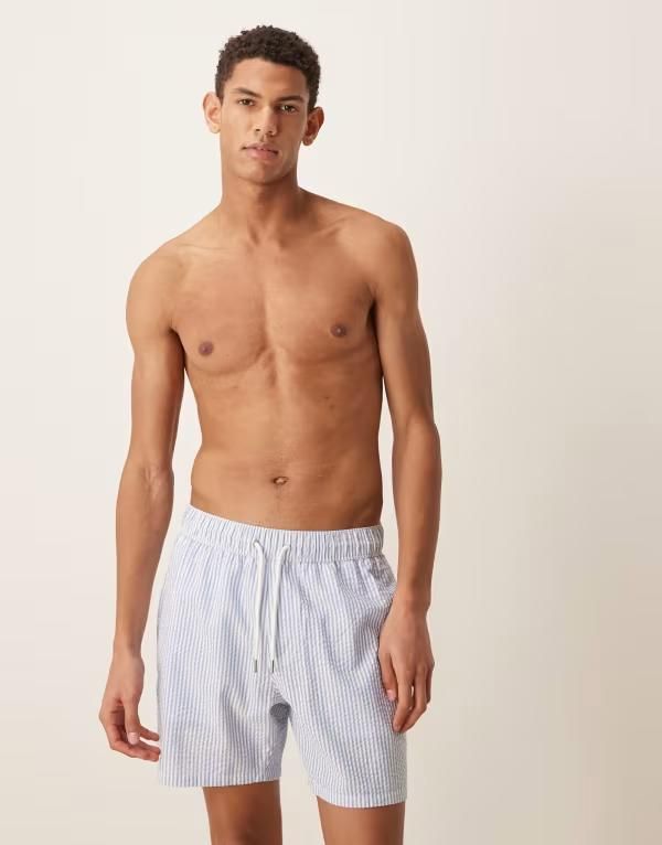 エイソス メンズ 水着 ハーフパンツ・ショーツ ショートパンツ ASOS DESIGN mid length seersucker swim shortstripes LIGHT BLUE ブルー