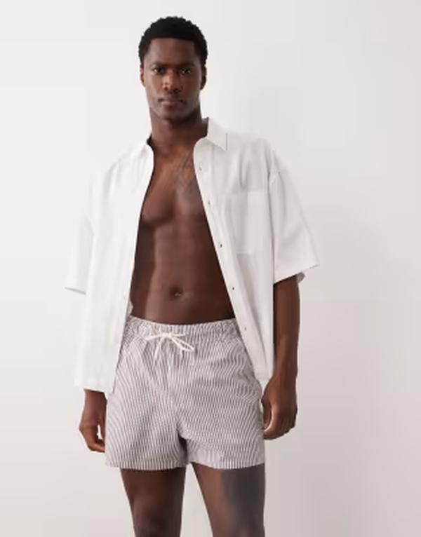エイソス メンズ 水着 ハーフパンツ・ショーツ ショートパンツ ASOS DESIGN seersucker swim shorts in short length stripe Burgundy バーガンディ