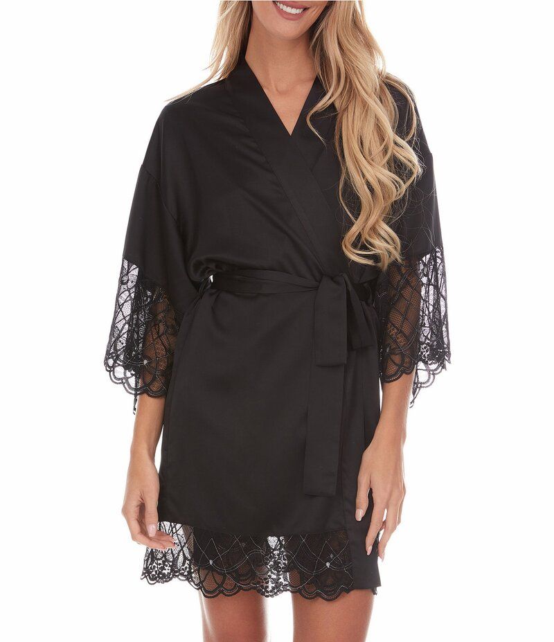 フローラニクルーズ レディース アンダーウェア ナイトウェア サテン シルク Flora Nikrooz Gabby Silky Satin 34 Sleeve Coordinating Kimono Wrap Robe Black ブラック