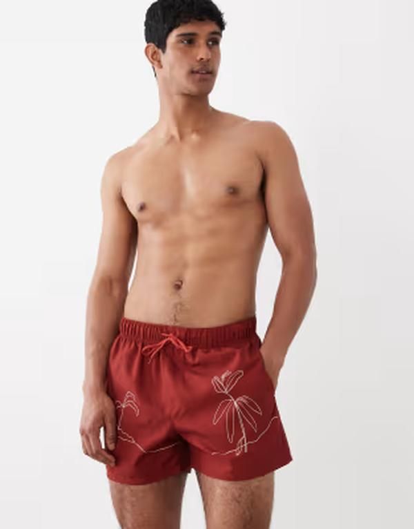 エイソス メンズ 水着 ハーフパンツ・ショーツ プリント ショートパンツ レース ASOS DESIGN swim shorts in short length with scribble placement print Burgundy バーガンディ