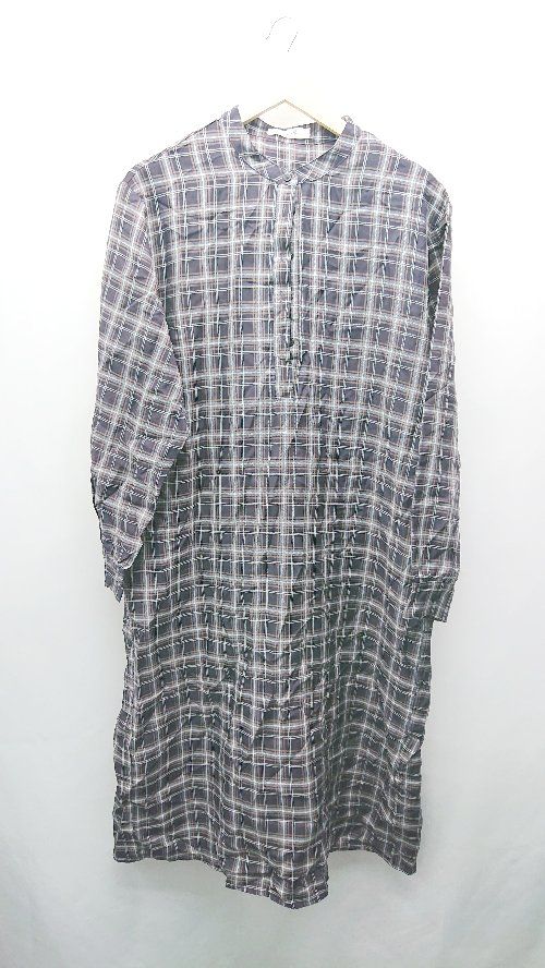 ◇ jumelle ジュメロ ノーカラー ボタン チェック柄 薄手 シンプル 長袖 ひざ丈 ワンピース サイズF ネイビー レディース E 【1309040025899】