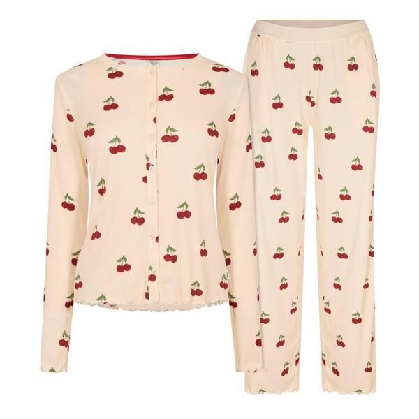 チェルシーピア レディース アンダーウェア ナイトウェア リブ Chelsea Peers Womens Ribbed Long Sleeve Pyjama Set Cherry Stripes ストライプ