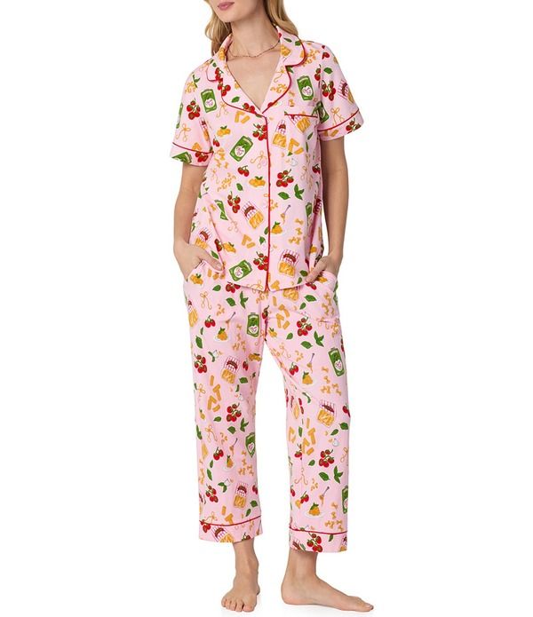 ベッドヘッド レディース アンダーウェア ナイトウェア プリント コットン クロップド ニット ジャージー BedHead Pasta La Vista Print Short Sleeve Notch Collar Organicotton Stretch