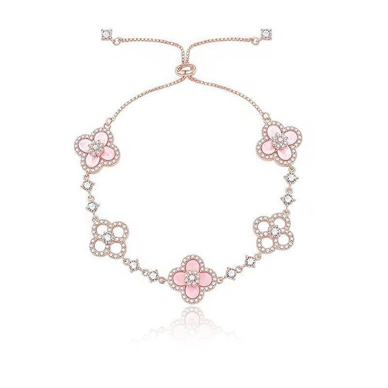 【新品】 [Tessalyn] 女性用四つ葉のクローバーブレスレットキュービックジルコニアをちりばめた18Kゴールドの幸運の四つ葉のクローバーブレスレットエレガントなチェーン女性の少数の贅沢で洗練された手飾り（ピンク） 1