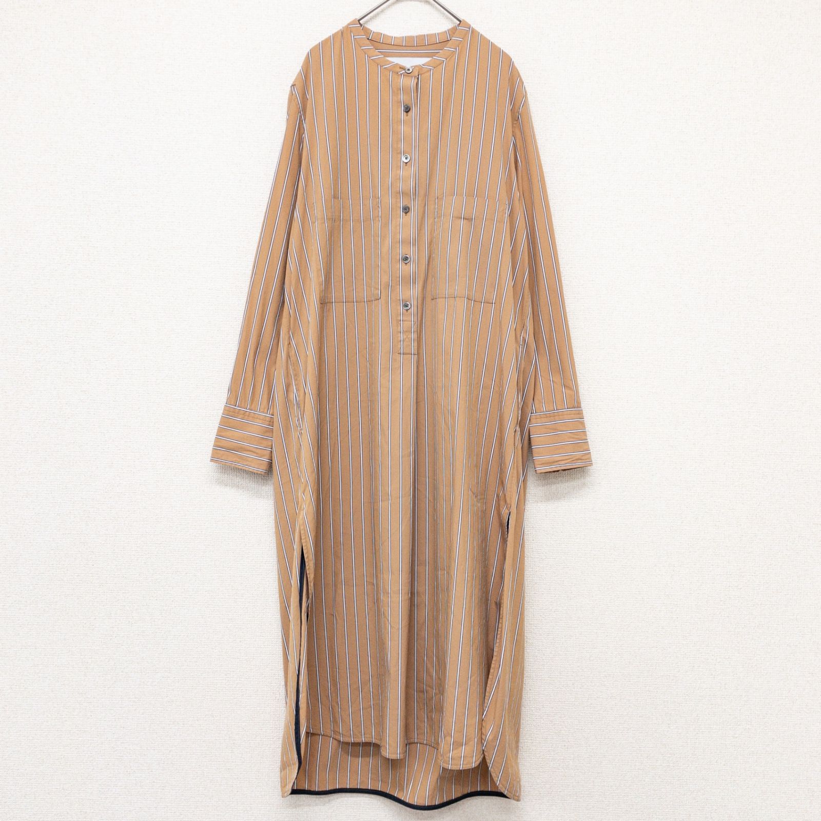 美品　ティッカ　TICCA ストライプロングシャツワンピース　コットン100% TICCA ティッカ シャツワンピース プルオーバー ノーカラー ロング