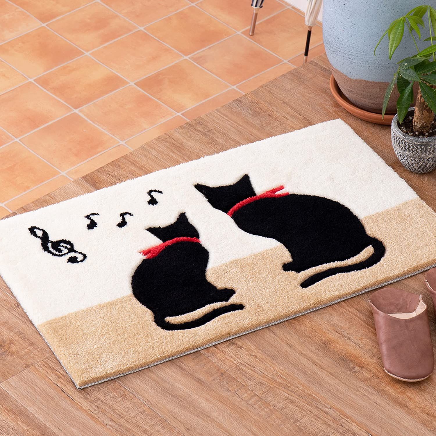 新品 萩原 玄関マット 屋内 ベージュ 約45×75cm 「キャット」 ふかふか 洗える 滑りにくい加工 ホットカーペット・床暖房対応