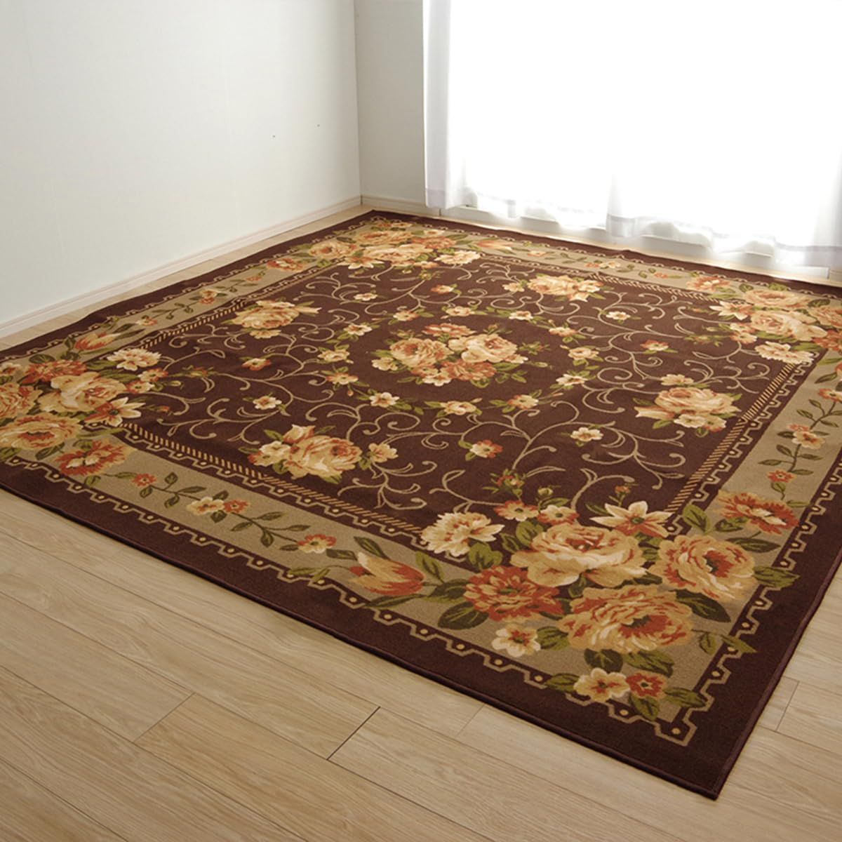 新品 イケヒコ ラグ カーペット 4.5畳 ナイロン 花柄 ダイニングラグ 撥水キャンベル ブラウン 江戸間4.5畳 約261×261cm #5418949