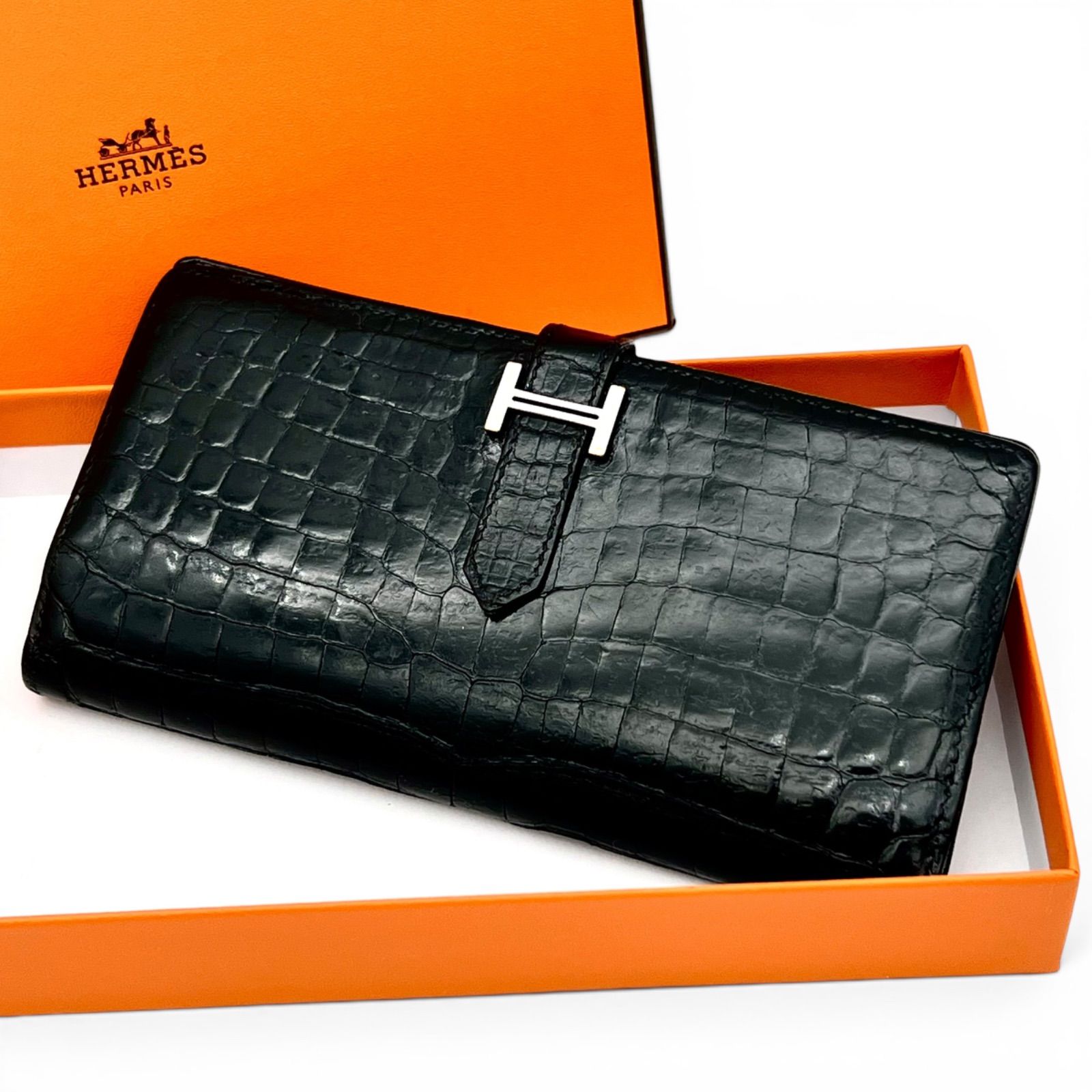 HERMES エルメス ベアン クロコダイル ブラック 長財布 □H刻印 - メルカリ