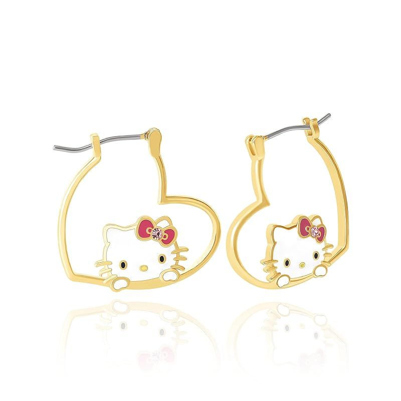 Hello Kittyサンリオ ハローキティピアス イエローゴールドメッキ ハローキティ ハートフープピアス 公式ライセンス レディース, 真鍮, クリスタル 1