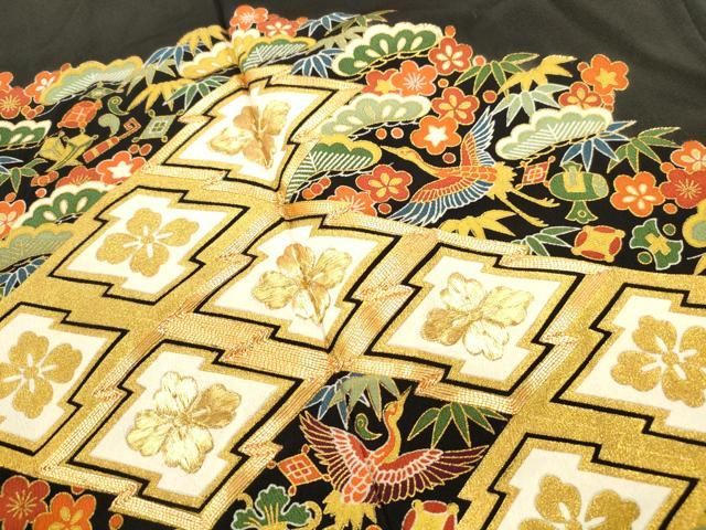 平和屋着物□豪華黒留袖 駒刺繍 松皮菱花鳥文 金彩 正絹 逸品