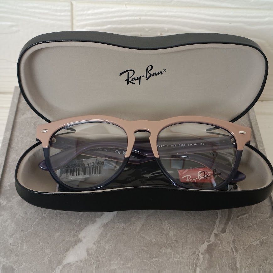 Ray-Ban レイバン メガネフレーム 度入り対応 伊達メガネ ボストン ラウンド型 ベージュ × ブルーグラデーション ハーフリム ユニセックス メンズ レディース 純正ハードケース 取扱説明書 保証書 クロス 付属品完備 新品同様 おしゃれ 韓国