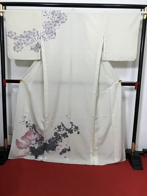 【中古】Lサイズ 付け下げ 化繊 薄グレー地に花模様 夏着物
