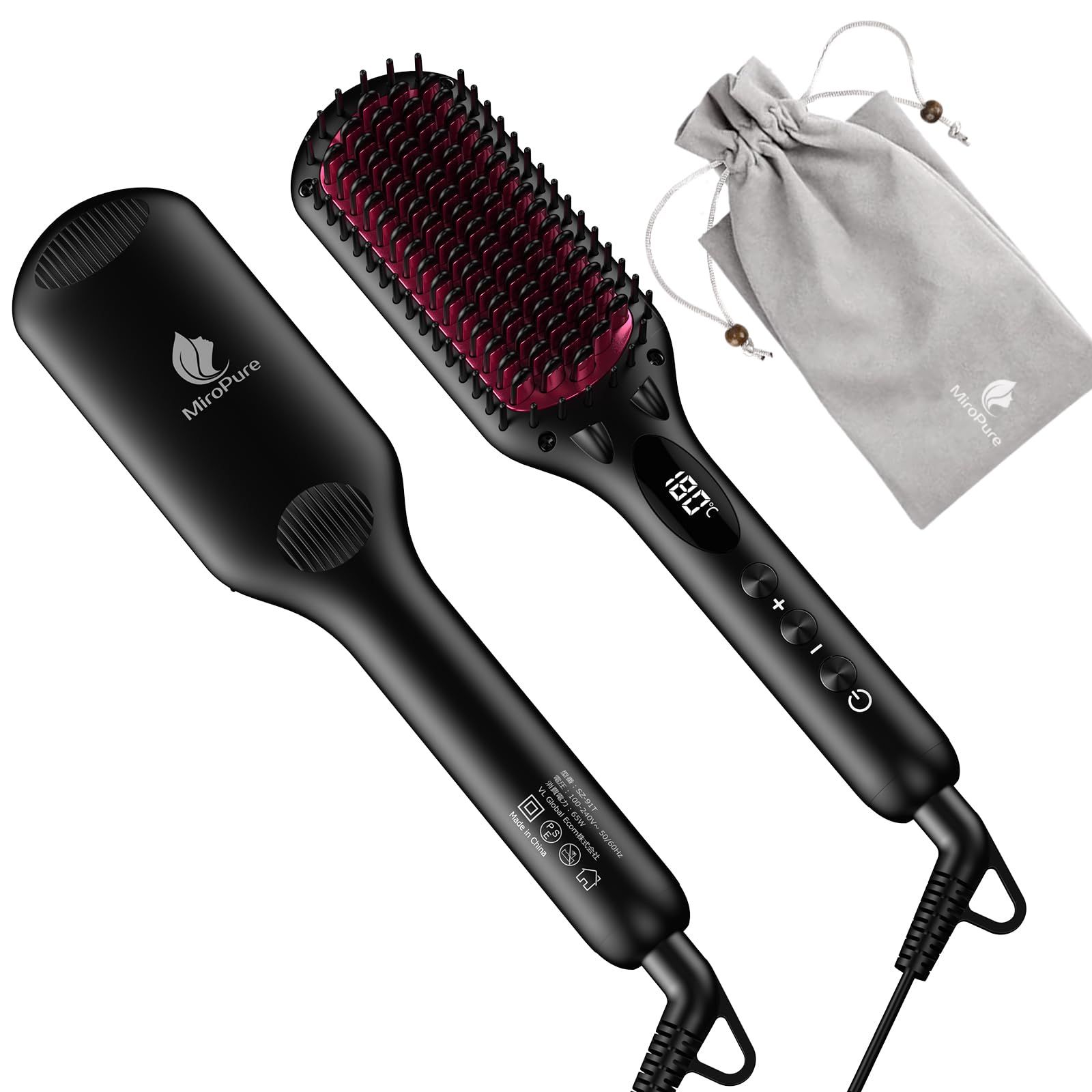 MiroPure ストレートブラシ 5列歯 ヘアアイロン ヒートブラシ マイナスイオン 16段階温度調節 MAX230℃ ツヤ感UP 温度記憶 急速加熱 1時間自動電源オフ 火傷防止 LEDデイスプレー 静電気防止 温度ロック機能 誤作動防止 頭皮ケア 髪ma