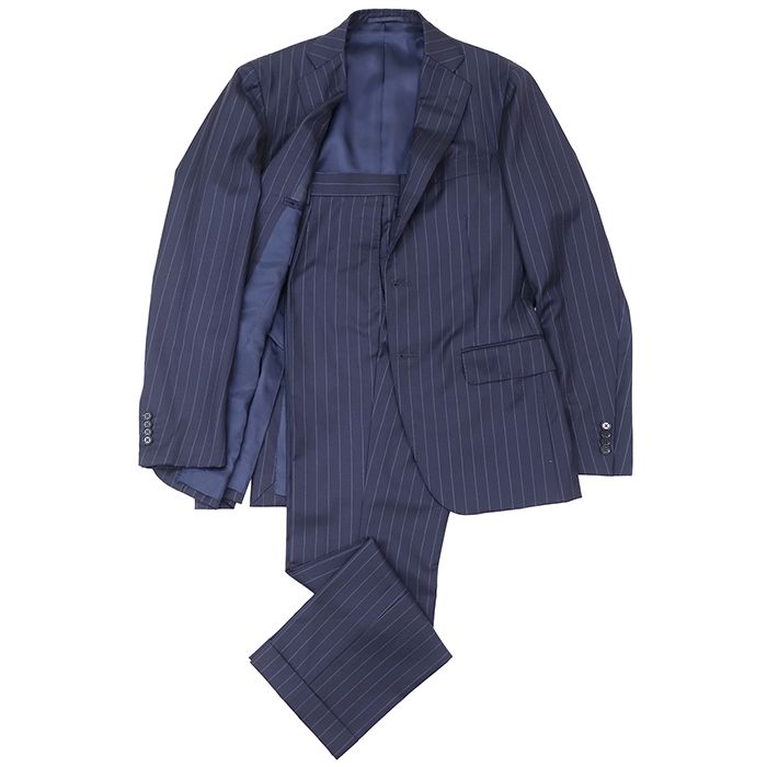 【美品】RING JACKET リングジャケット セットアップ サイズ 46 メンズ ジャケット スラックス チョークストライプ ノッチドラペル 3B 開き見せ サイドベンツ ウール100％ スーツ ネイビー 紺 日本製 28,600円