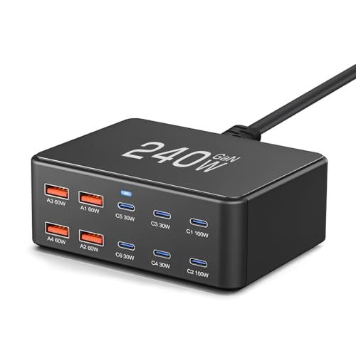 USB充電器 合計240W PD充電器【単ポート100W/PD 3.0/10ポート搭載】タイプ-C*6&USB-A*4 USB コンセント PSE認証済み Macbook/iPad/iPhone 16/Galaxy/Android ノートPC スマートフォン