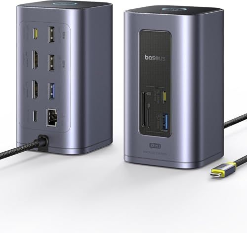 Baseus 12-in-1 USB-C ドッキングステーション Nomos NU1 Air デュアル4K HDMI USB 10Gbps 1Gbps LAN PD 100W Dell/HP/Lenovo/ASUS/Acer/Mac/Windows対応