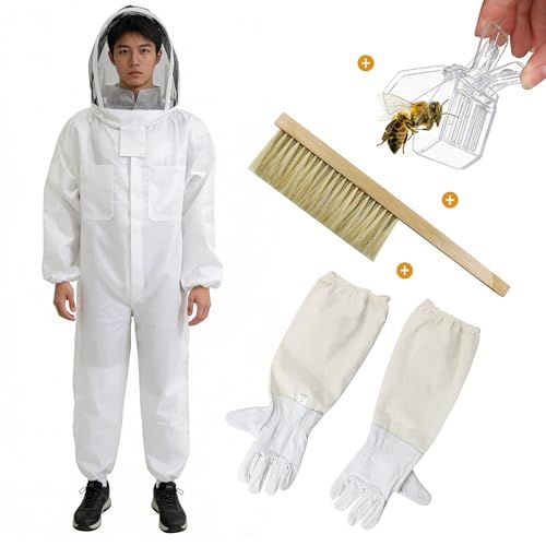 KUWAN ハチ防護服 一体式 防護服 養蜂器具 蜂 スズメバチ 駆除害虫 手袋付き＆ブラシ &ビークリップ 蜂キャッチャー 4点セット 取り外しやすい フェイスネット (L)
