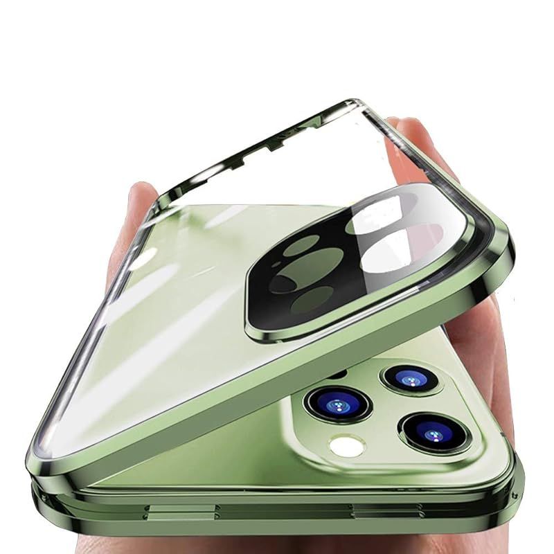 【新品】 HENGHUI 全面カバー 対応 iPhone 15 Plus ケース カメラ保護 アルミバンパー ガラスフィルム ロック付き マグネット式 アイフォン15 Plus 用 フルカバー 両面ガラス 透明 クリア (緑)