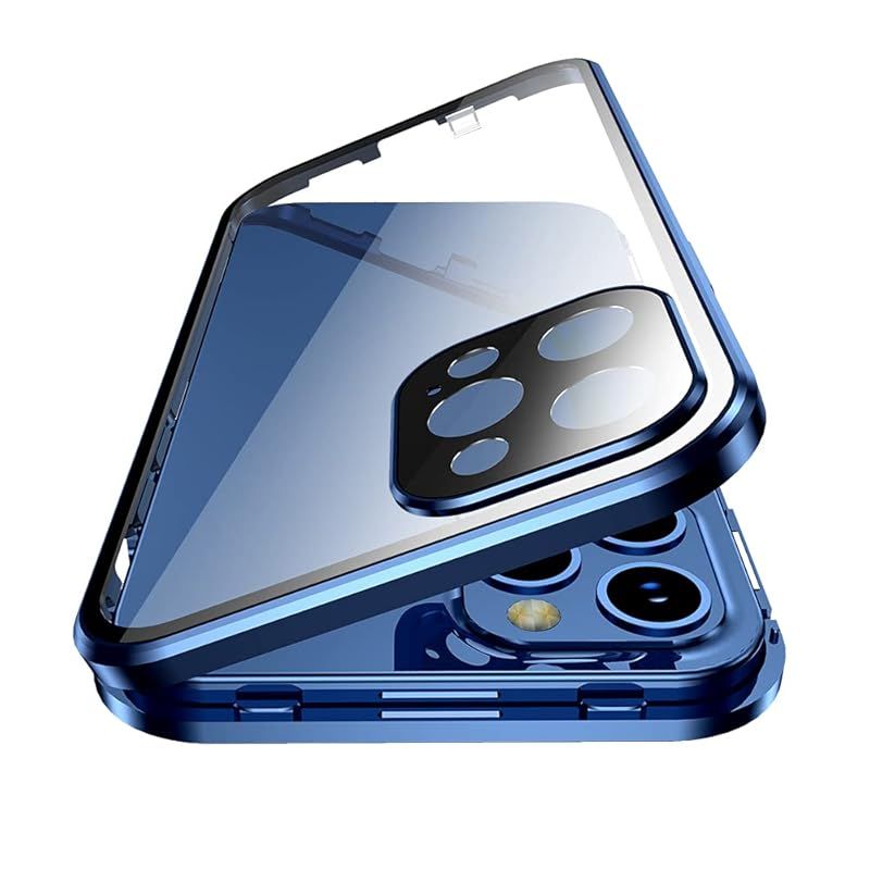 【新品】 HENGHUI 全面カバー 対応 iPhone 15 ケース カメラ保護 アルミバンパー ガラスフィルム ロック付き マグネット式 アイフォン15 用 フルカバー 両面ガラス 透明 クリア (ブルー)