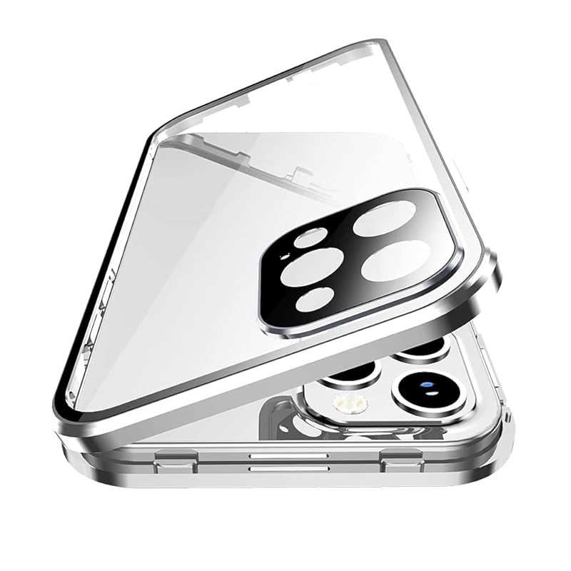 【新品】 HENGHUI 全面カバー 対応 iPhone 15 Pro Max ケース カメラ保護 アルミバンパー ガラスフィルム ロック付き マグネット式 アイフォン15 Pro MAX 用 フルカバー 両面ガラス 透明 クリア (シルバー)