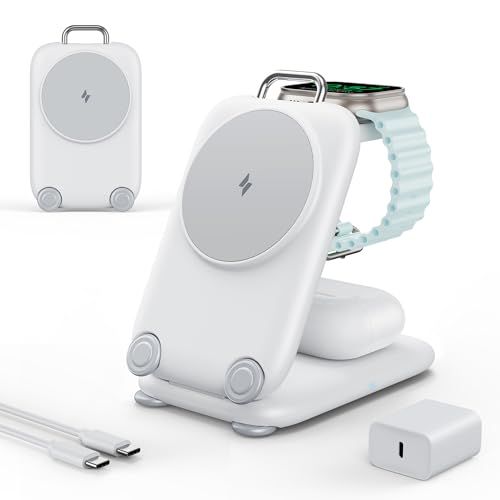 Mukiya 3in1 ワイヤレス充電器 MagSafe充電器 折りたたみ式 3in1充電器 【20W USB-C充電器＋1.5mケーブル付き】 iPhone/Apple Watch/AirPods対応 3台同時充電 角度調整可能 マグネット式 旅行用・自宅用