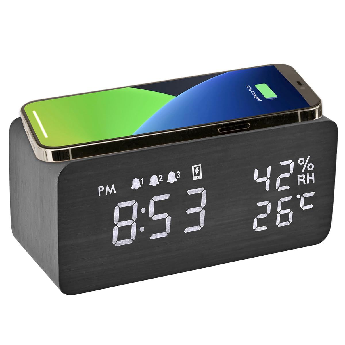 Electime 目覚まし時計 置き時計 おしゃれ スマホ充電 デジタル 多機能 木目 充電led時計 アナログ Qiワイヤレス 温度/湿度/アラーム 自動輝度調節 自動調光 おしゃれ USB給電 アラームクロック 技適/Qi認証（ブラック）