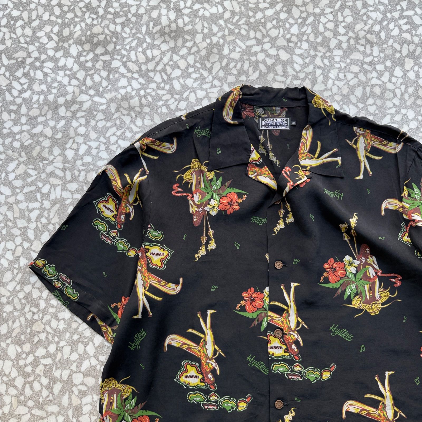 HYSTERIC GLAMOUR / rayon aloha shirt sizeXL ヒステリックグラマー　総柄　アロハシャツ　オープンカラー　レーヨン　椰子の木　ストリート　sk8 希少サイズ