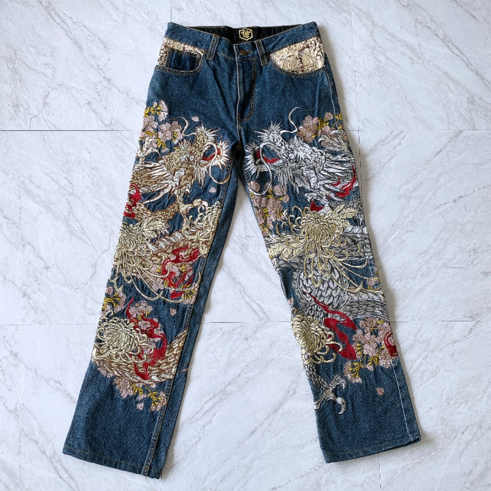 華鳥風月 双龍総刺繍 プレミアムデニム 限定品 刺繍 龍 和柄 5連ポケット